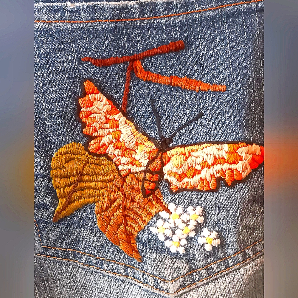 Hand Embroidered Hippie Low Rise Jeans 16 18 Unique Artsy Festival Funky - Picture 5 of 15